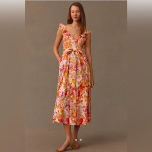 BHLDN NWT Sadie V Neck Fit & Flare Linen Midi Dress